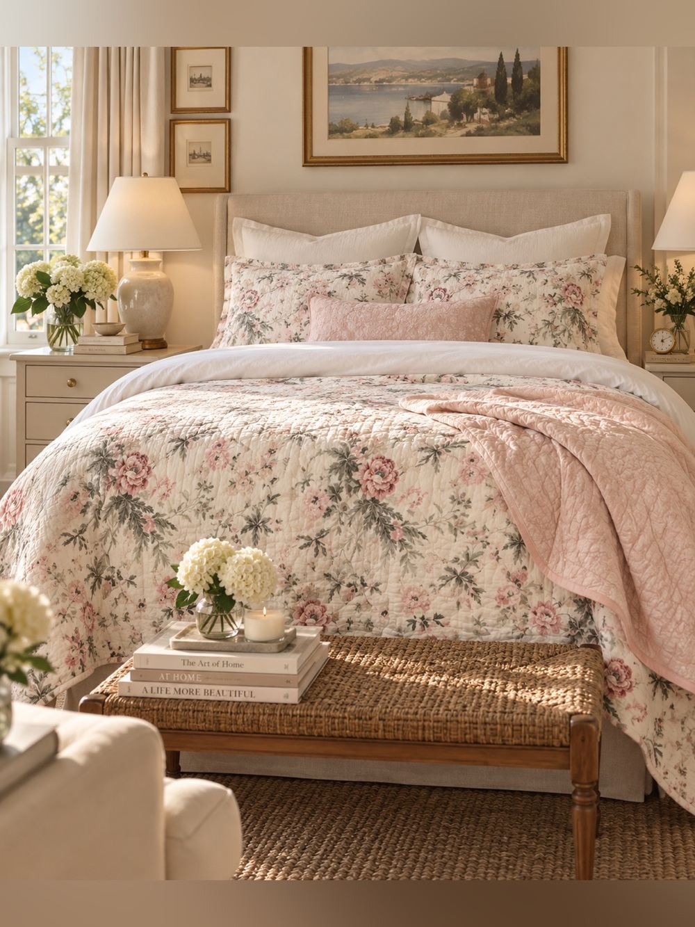 vintage Laura Ashley Queen Quilt 90x90 Pink Floral Cotton Reversible Cottagecore